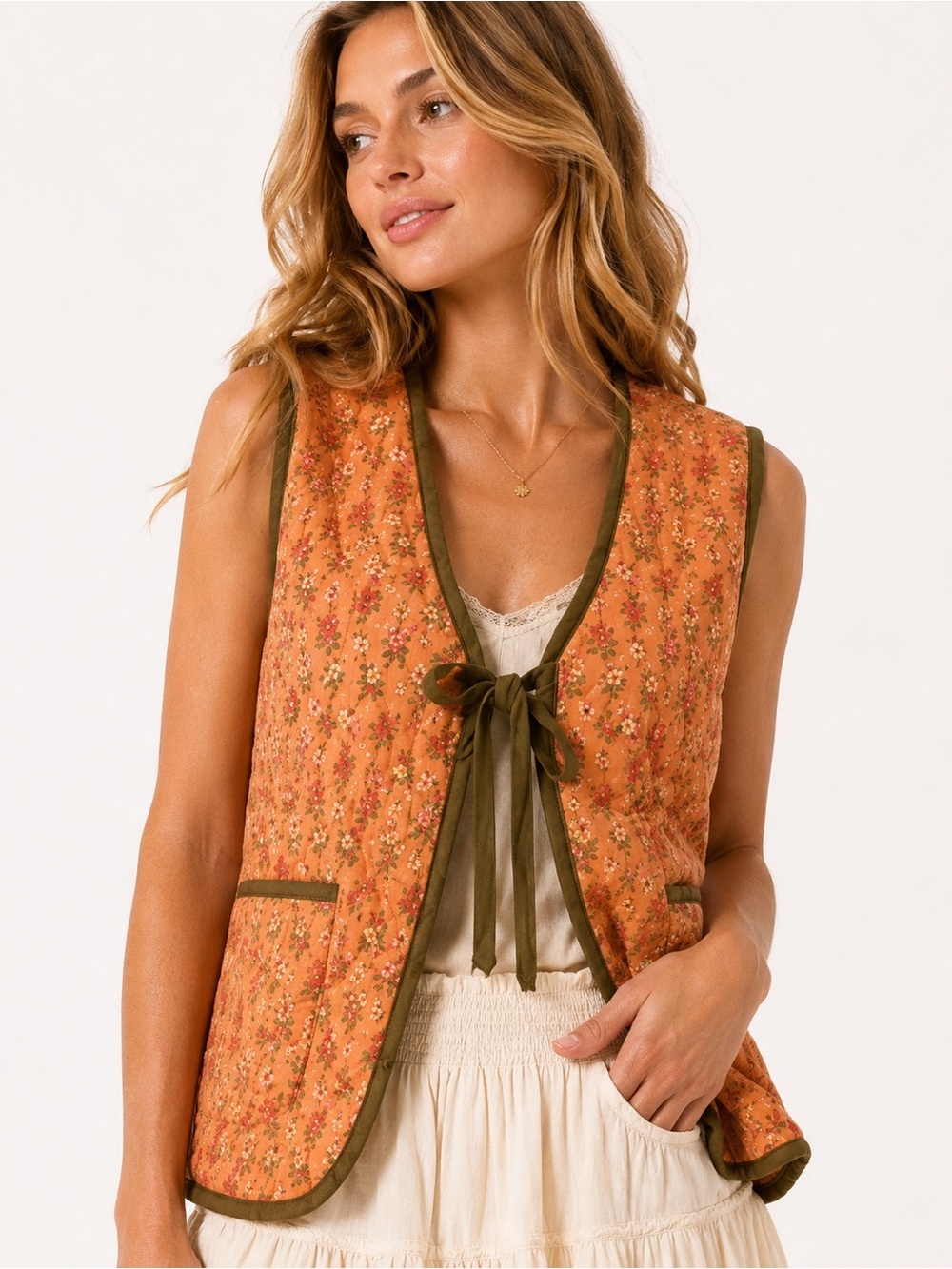 Free People Quilted Floral Tie Front Vest Cottagecore Boho Size S